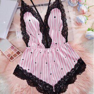 Pink Striped Lace Trim Silk Romper With Hearts